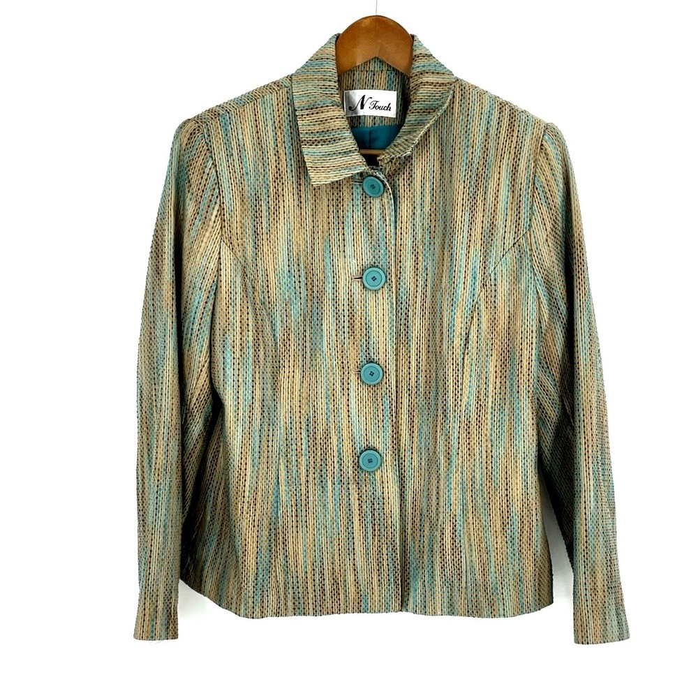 N‎ Touch Womens Size 12 Button Front Retro Blazer Jacket Lined Teal Brown Tan